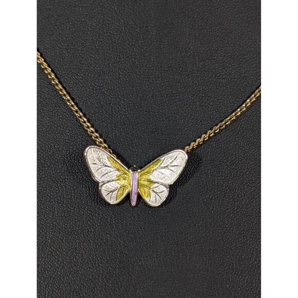 Vintage White Green Enamel Butterfly Pendant Necklace Gold tone 16" - Picture 1 of 9